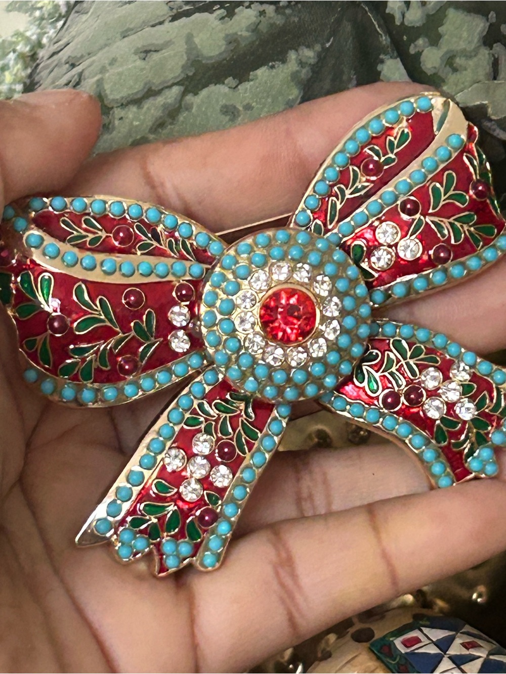 Turquoise and Red Enamel Bow Brooch with Crystals - Women's Jewelry